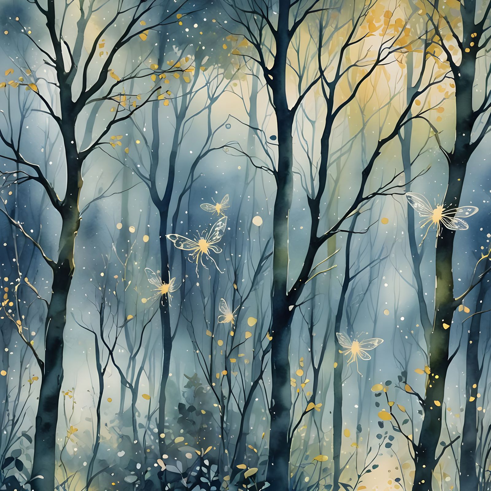 Whimsical Watercolor Forest in Vibrant Blues and Yellows