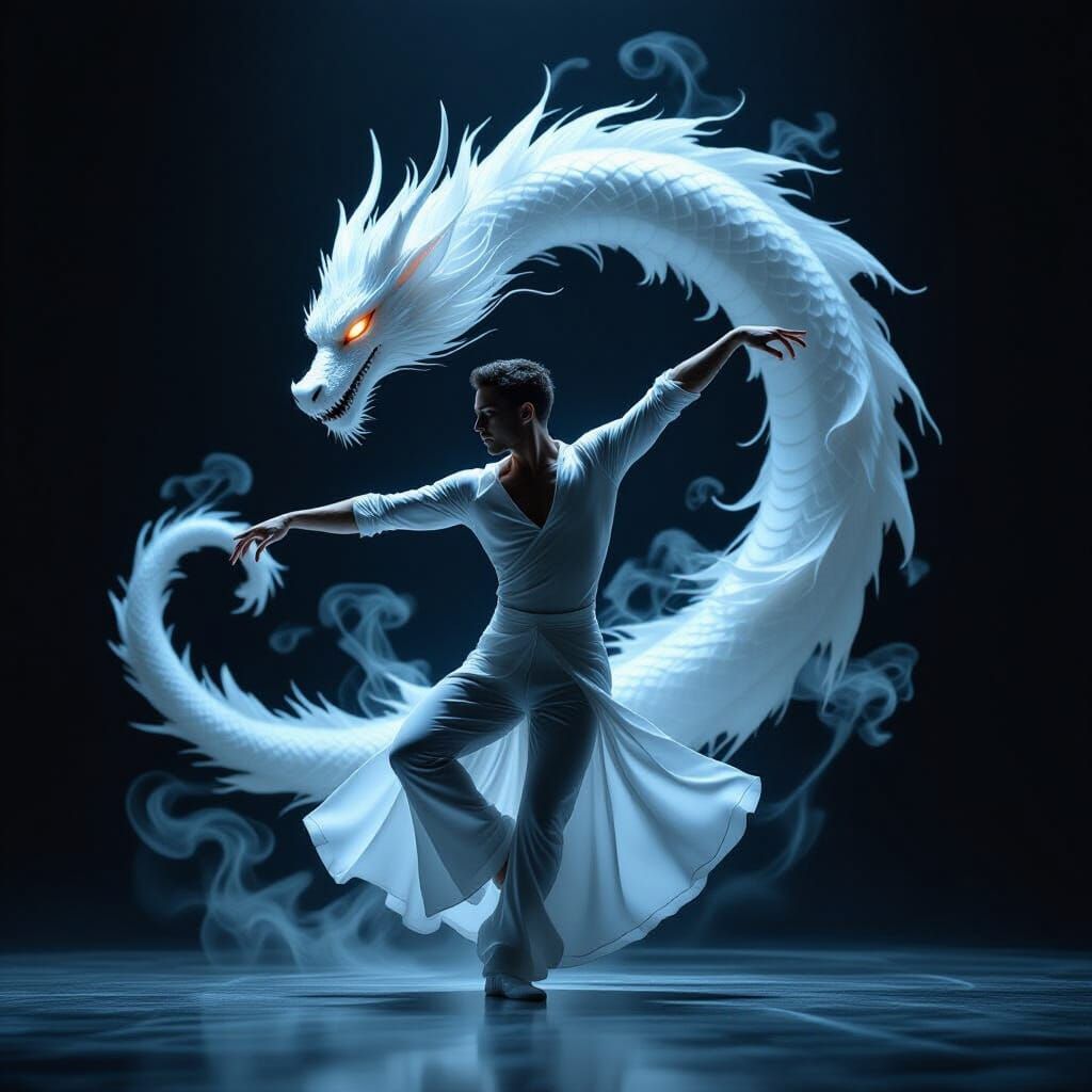Ethereal Dance: Man and Dragon Silhouette
