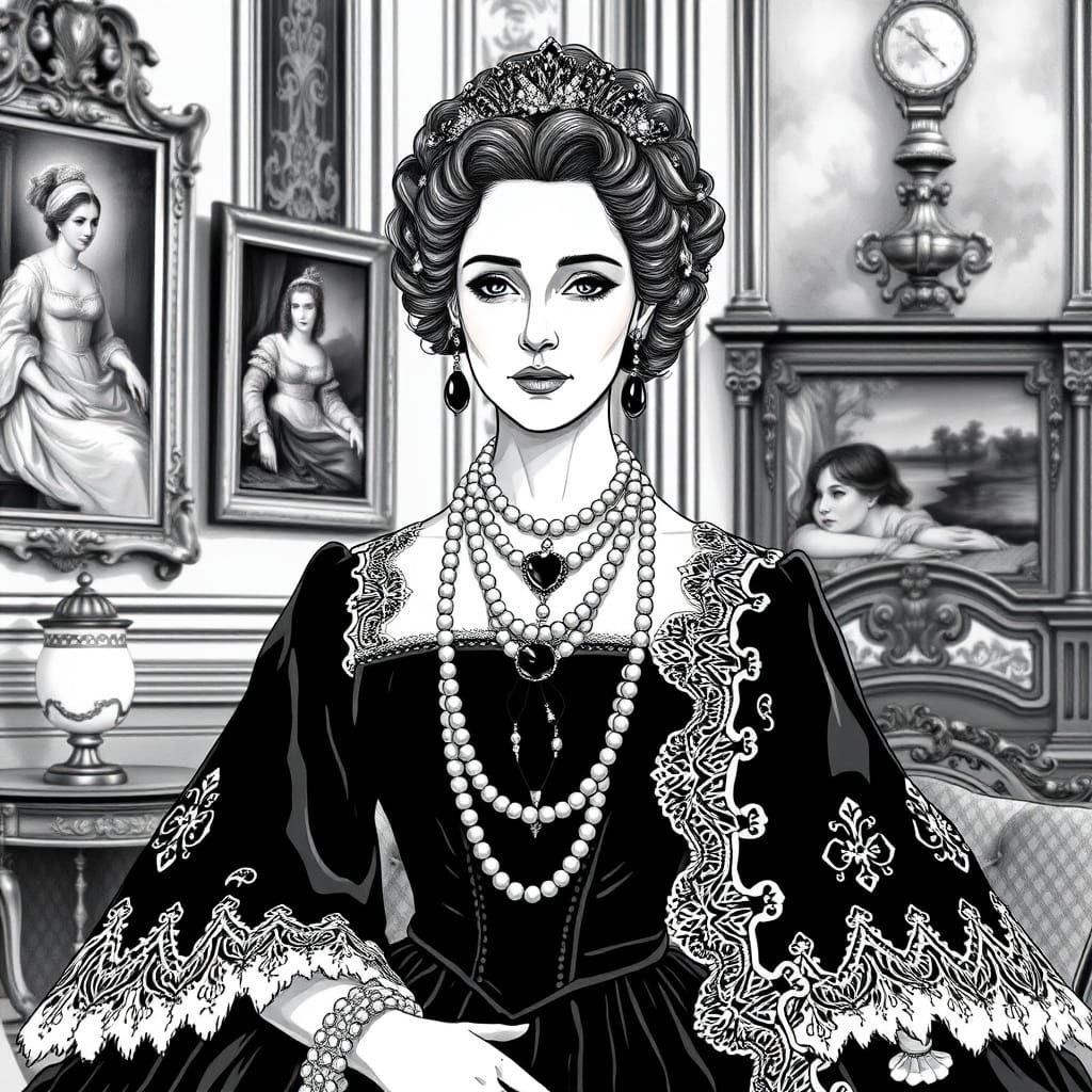 Regal Woman in Detailed Black and White Illustration
