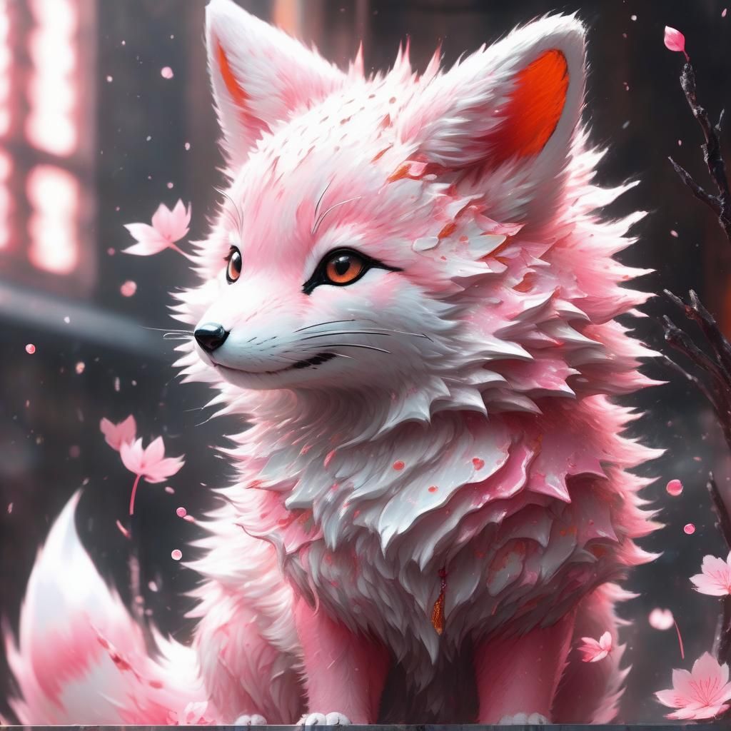 mystical adorable cute baby fluffy pink kitsune with pink st...