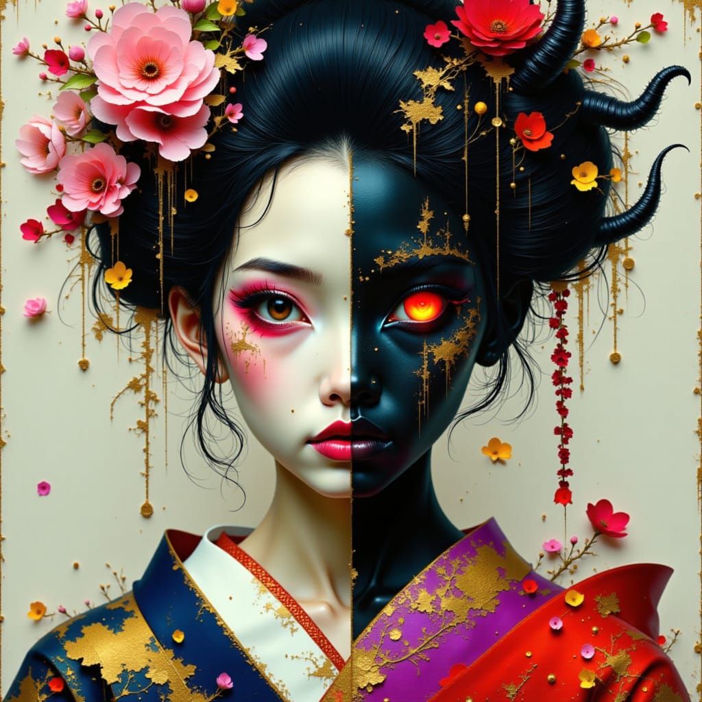 Geisha and Demon Face in Neon Noir Style