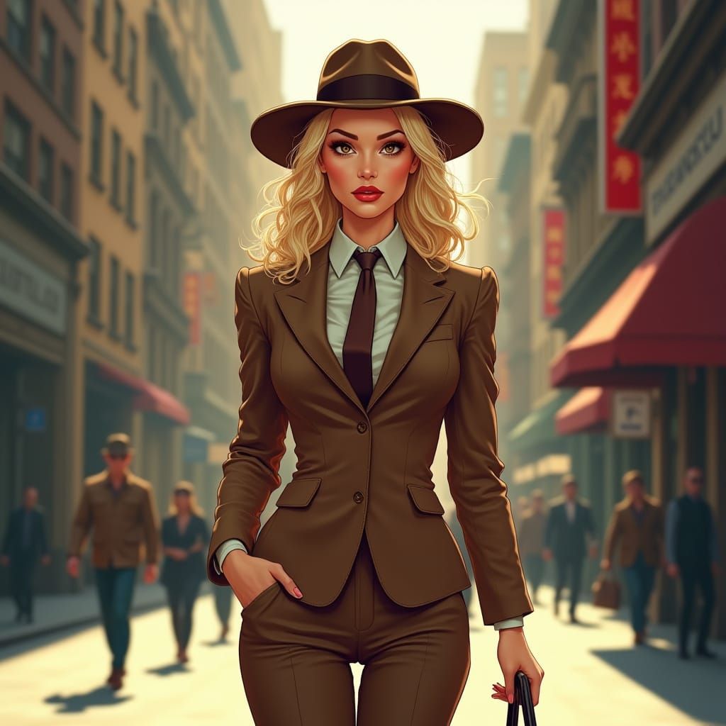 Retro Pop Art Film Noir Woman on City Sidewalk