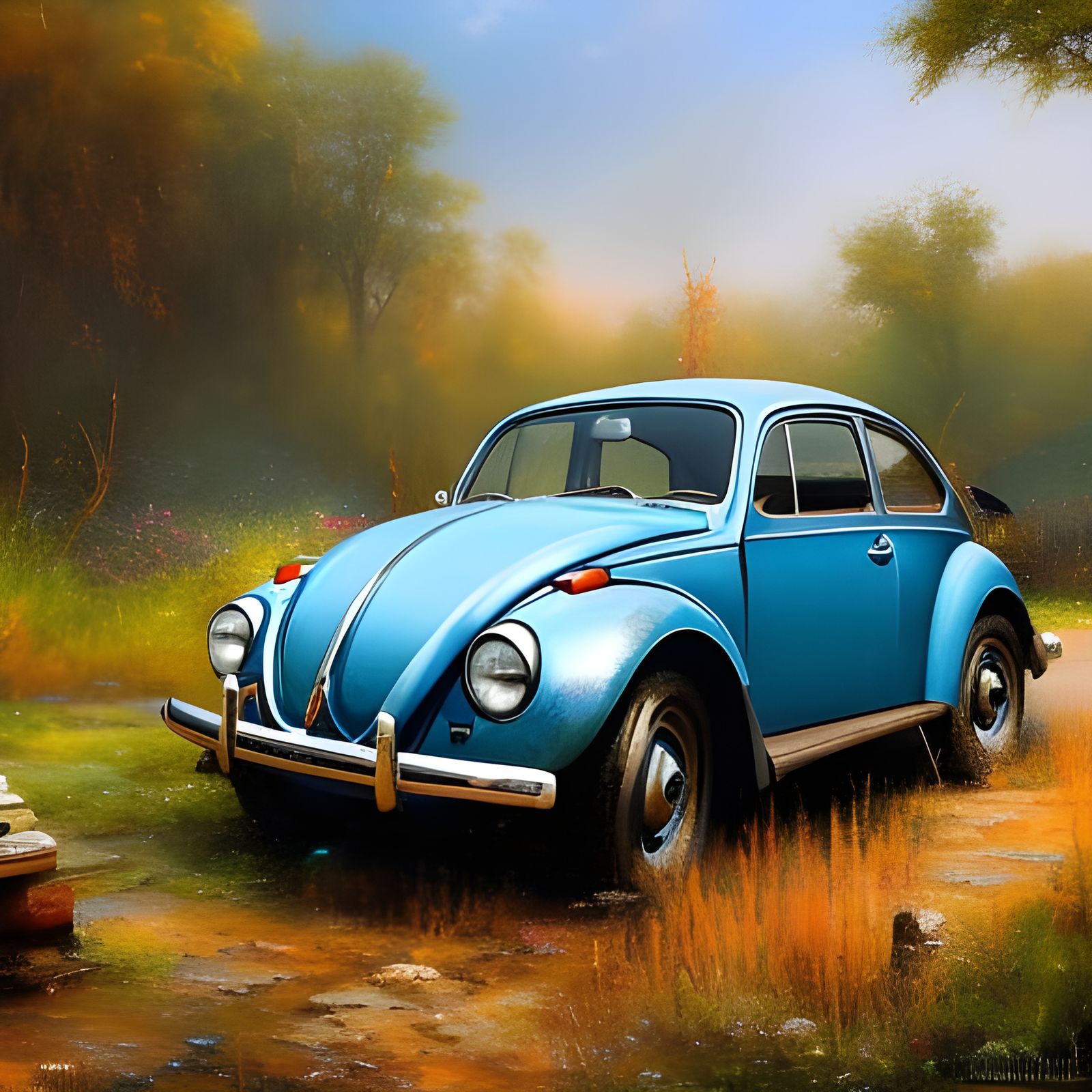 Vintage Beetle at Abandoned Petrol Station: Oil Painting