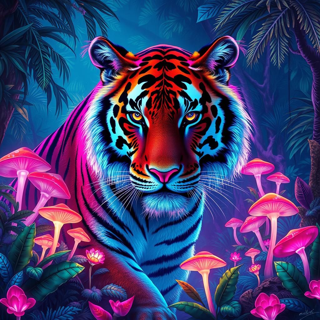 Iridescent Tiger in Neon Rainforest: Digital Art