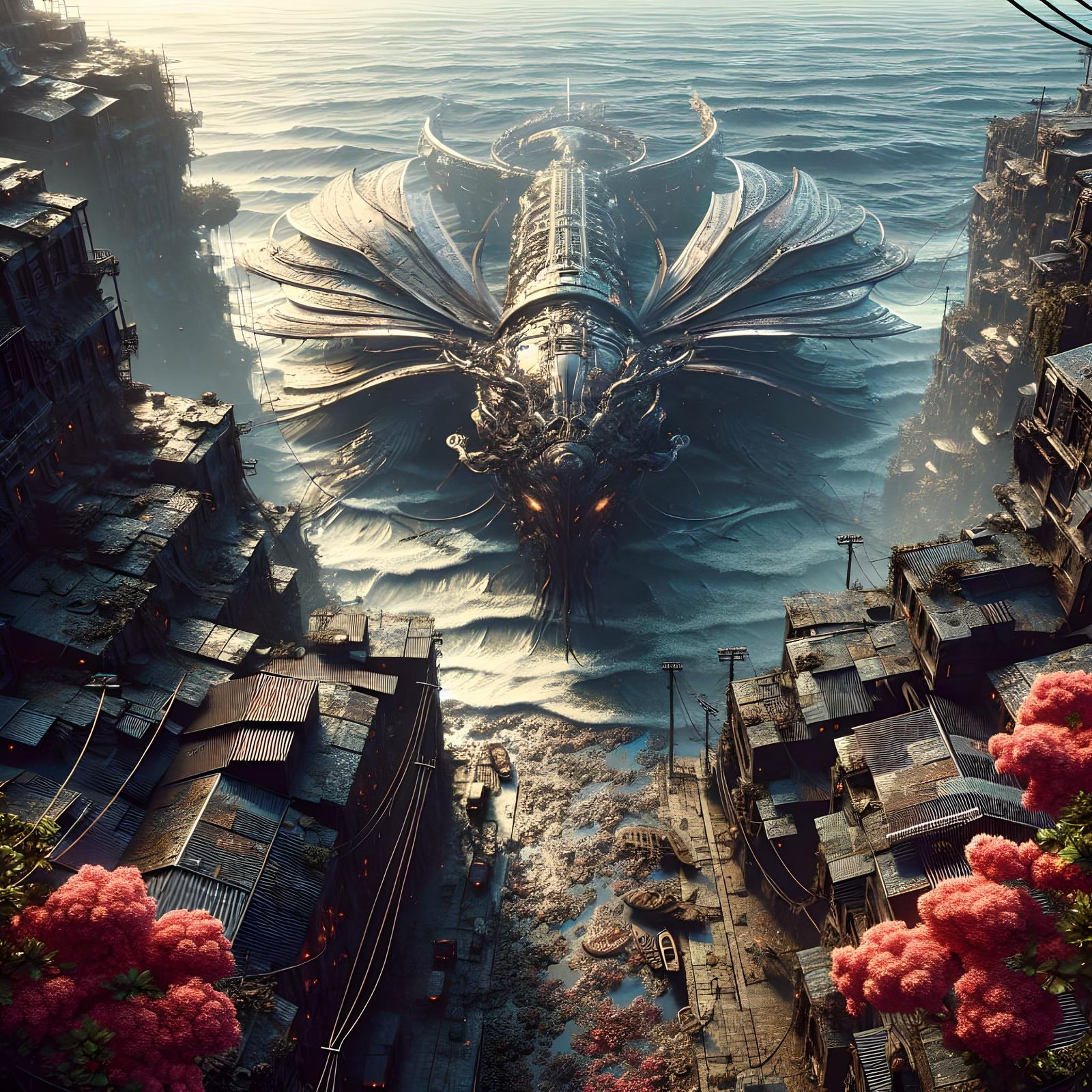 Dragon Airship in Trash-punk Aerial View