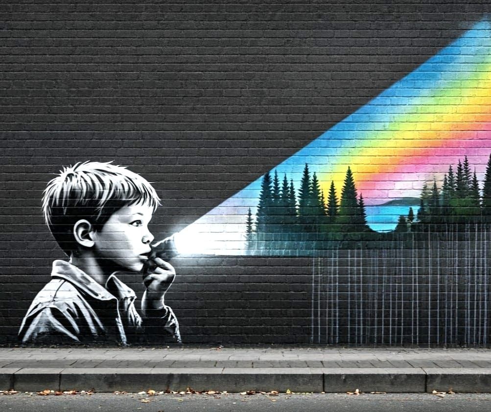 Street Art: Kid with Flashlight Reveals Colorful Landscape