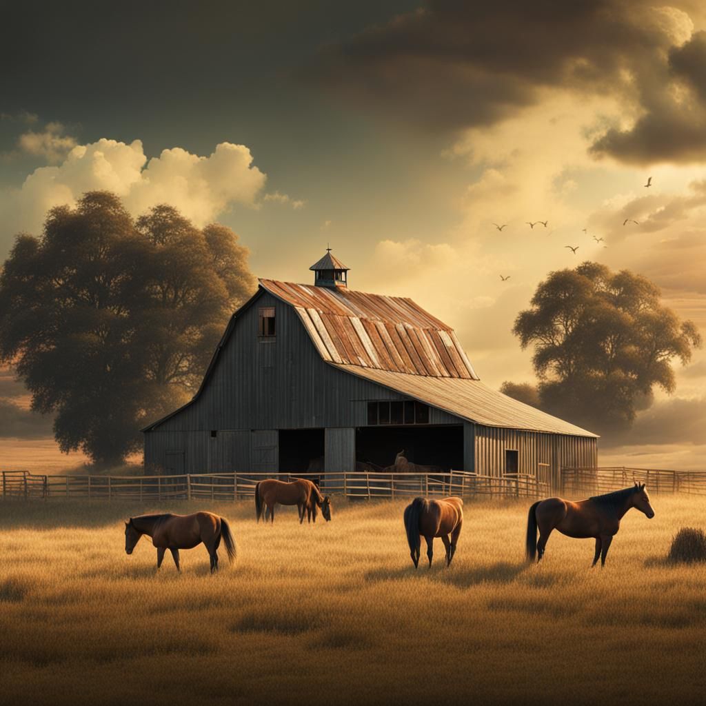 Retro Barn with Horses: Digital Matte Painting