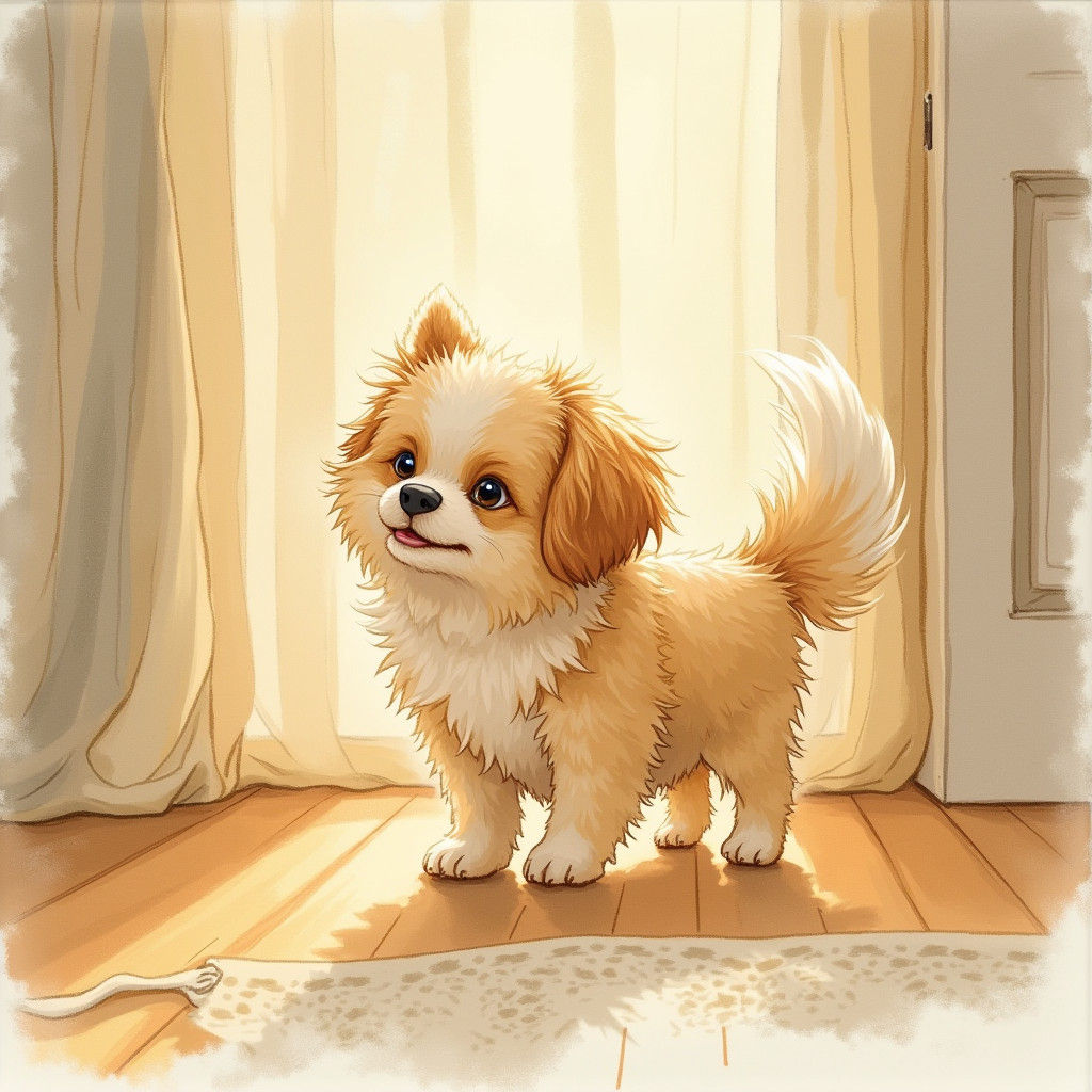 Fluffy Dog Returns Home: Whimsical Watercolor Art