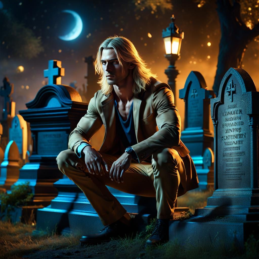 Wiry Man Squatting in Cemetery: Matte Painting