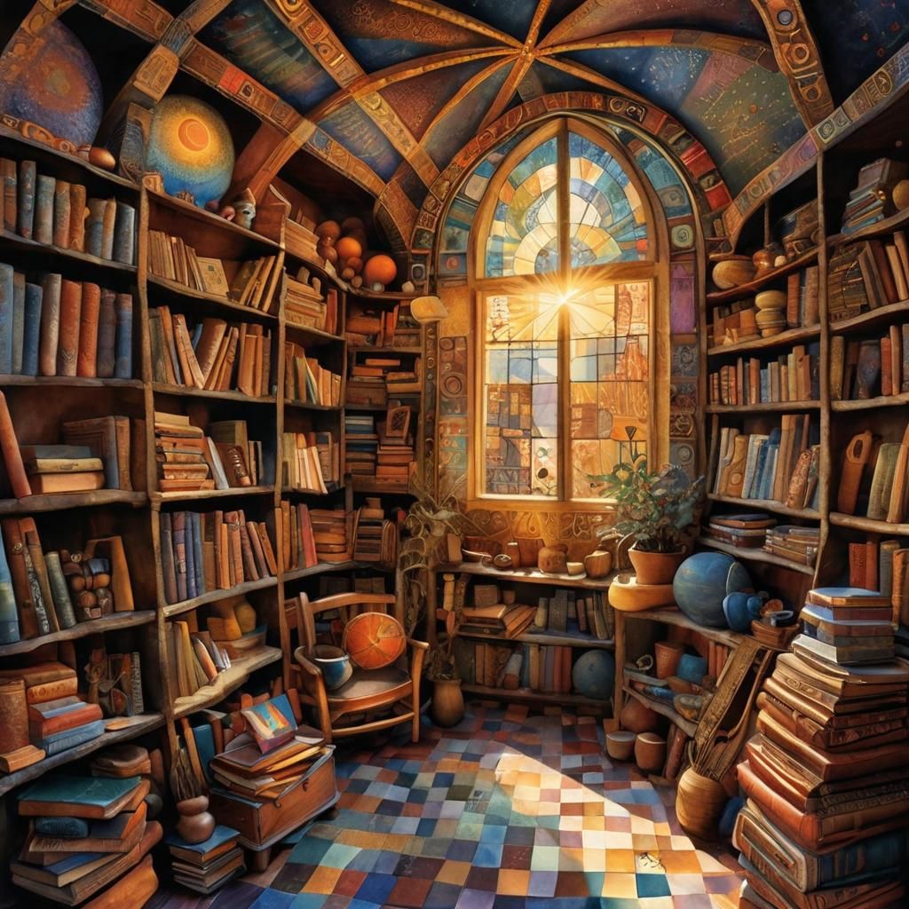 Whimsical Bookstore Scene in Intricate Watercolor Style