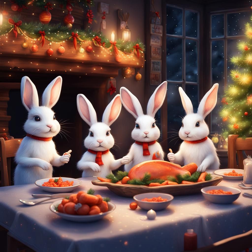 Watercolor Rabbits Celebrate Christmas Dinner