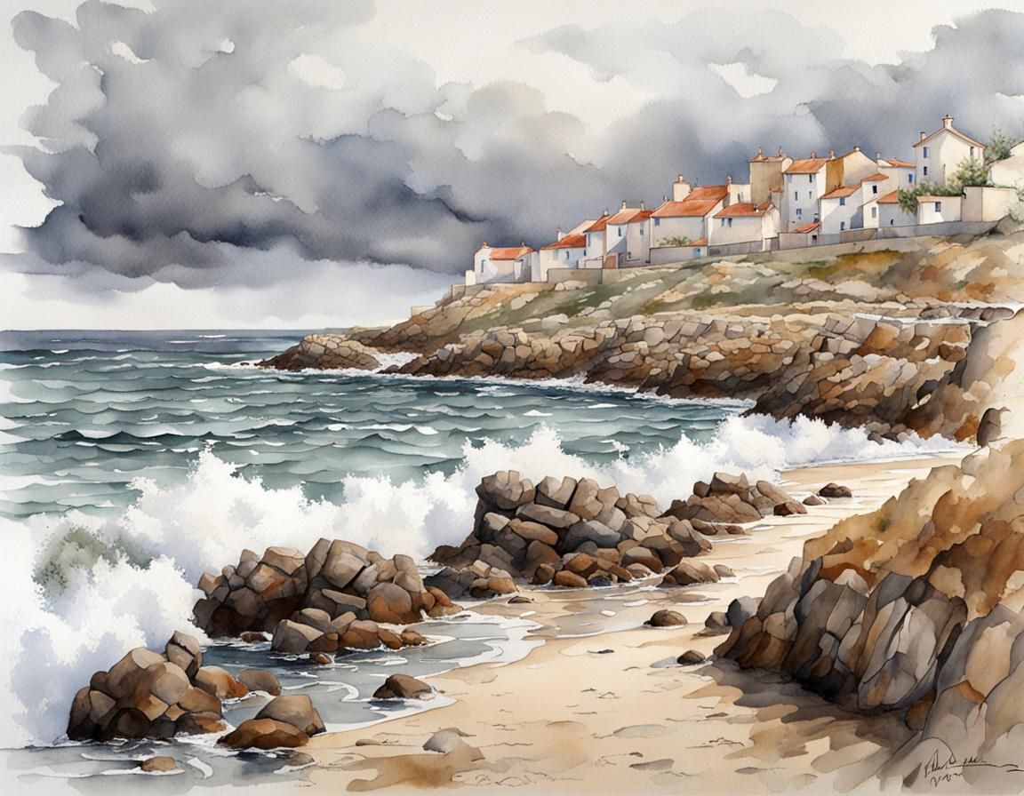 Brittany Coast Seascape in Watercolor Style