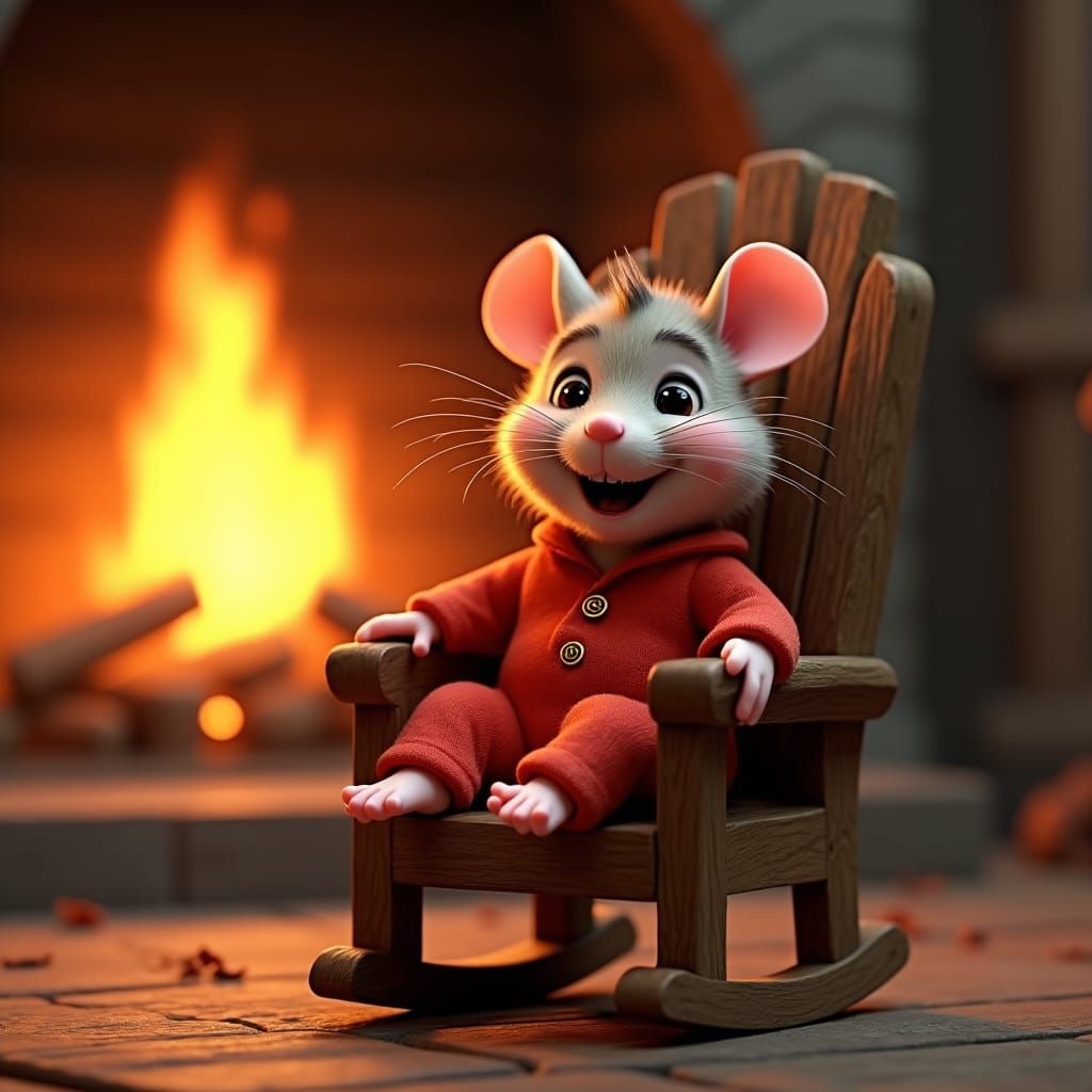 Joyful Mouse in Pajamas by Fireplace