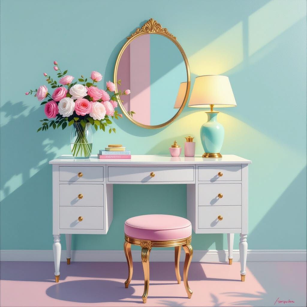 Ethereal Vanity Table Painting with 60s Elegance
