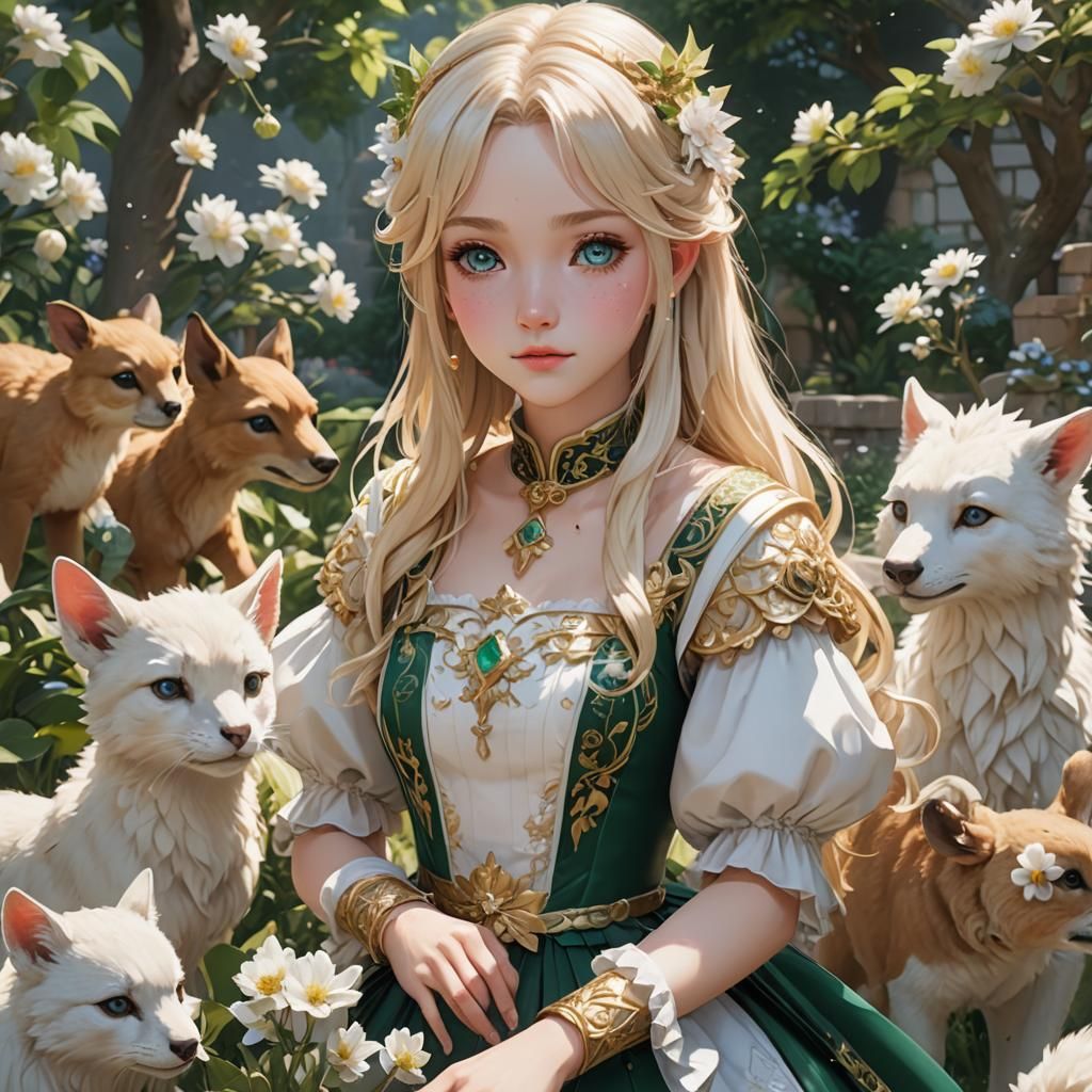 Anime Girl with Animals in Garden, 3D Render