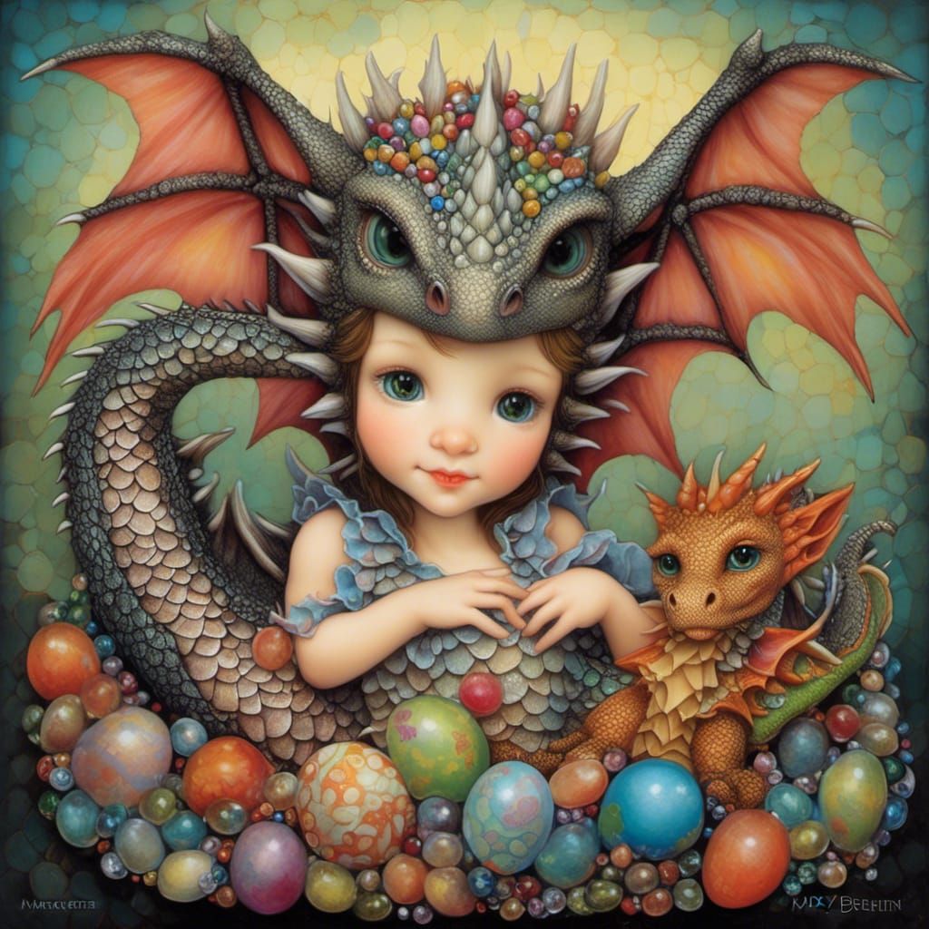 Whimsical Baby Dragon Princess in Mixed Media