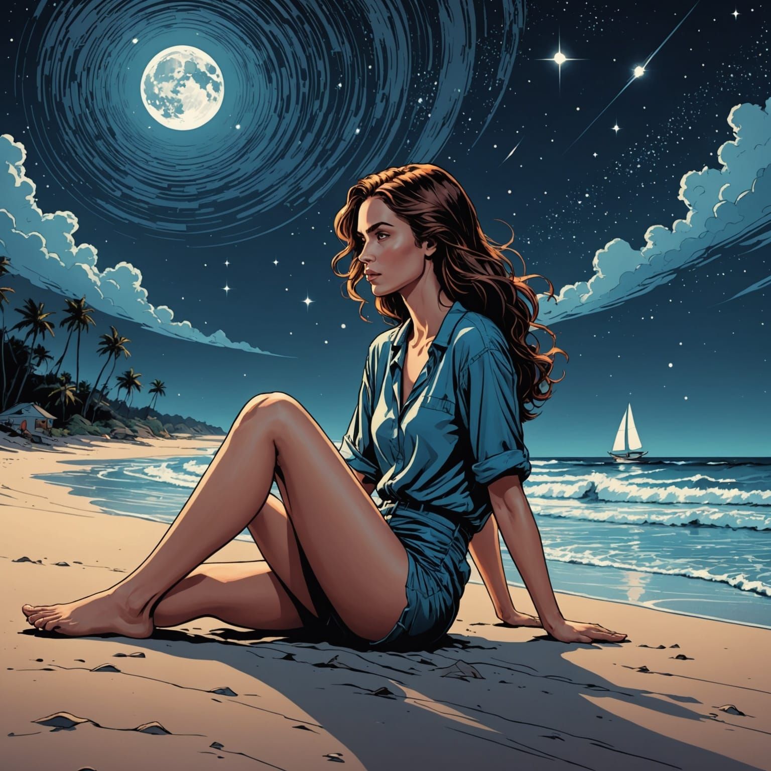 Woman on Beach Under Starry Sky in Comic Art