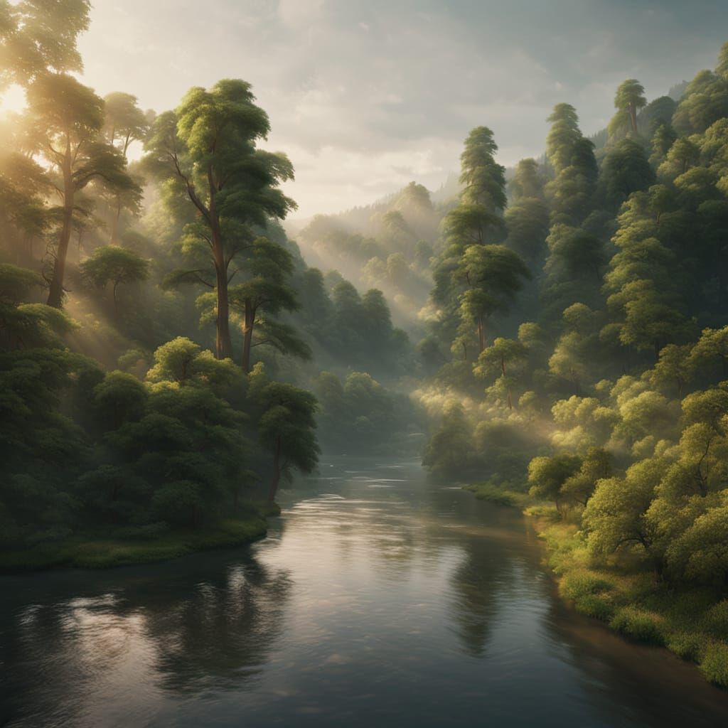 Serene River in Forest at Golden Hour