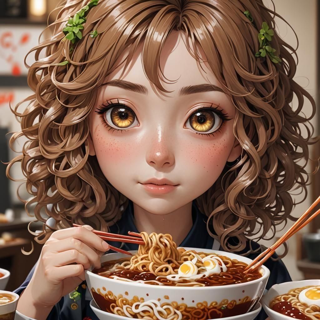 Cute Anime Girl Enjoying Ramen Bowl