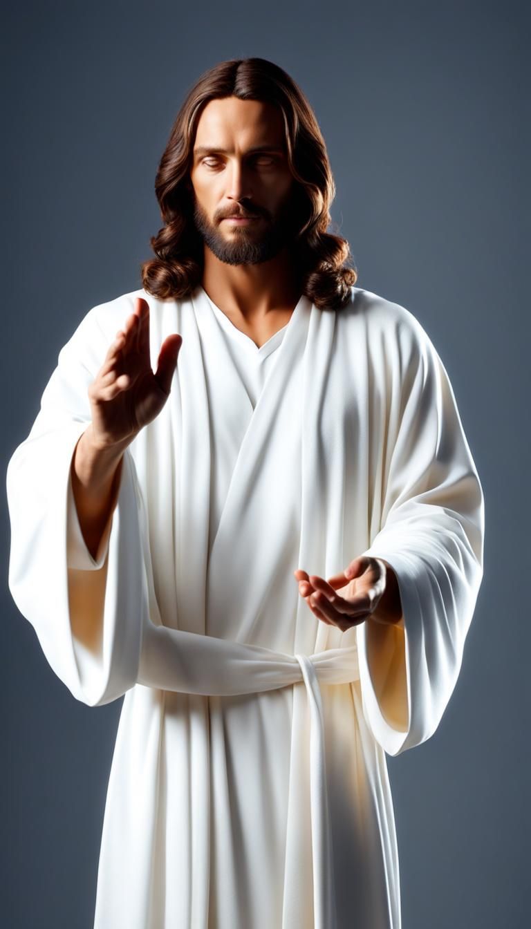 Christ's Outstretched Hand in Radiant White Robes
