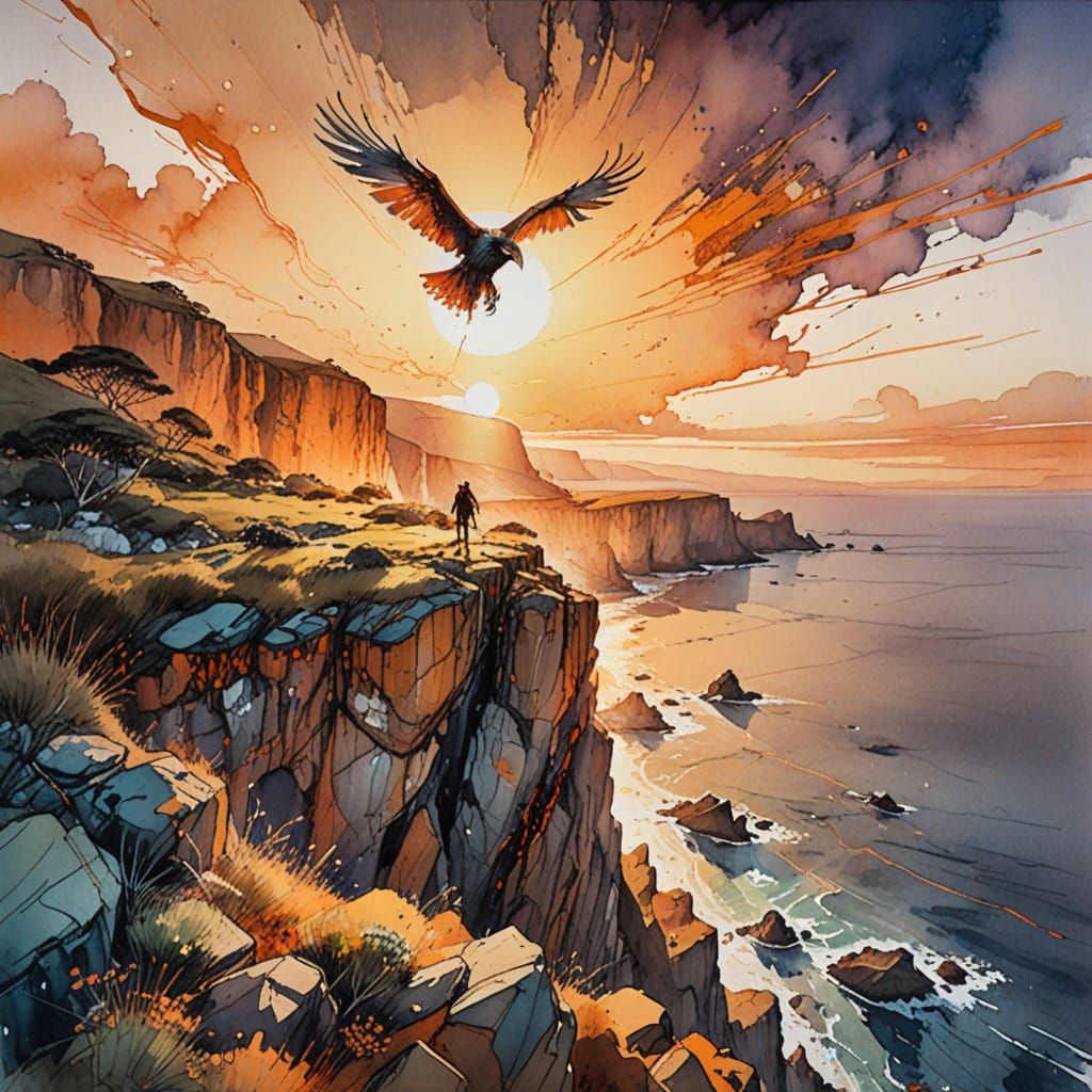Dramatic Coastal Cliff at Sunset with Condor in Flight