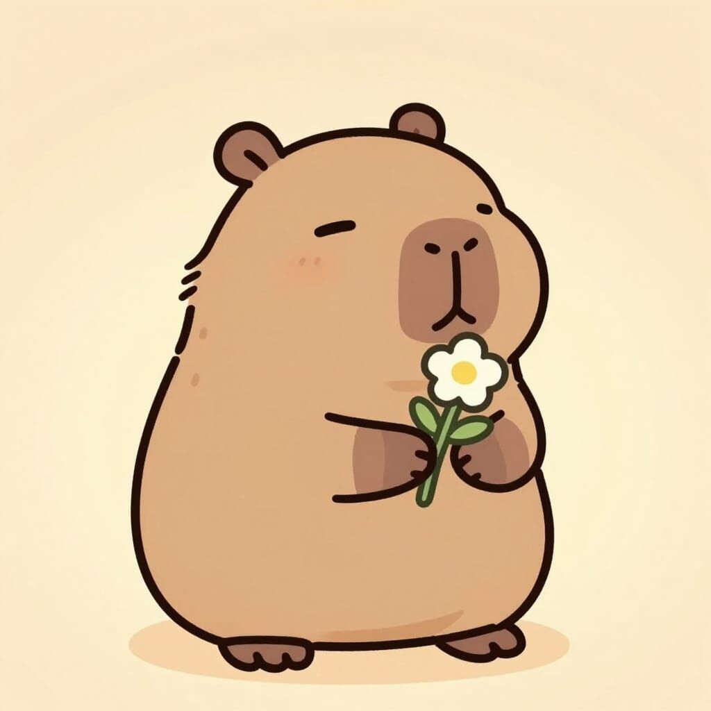 Cute Cartoon Capybara Holding Flower in Simple Gradient
