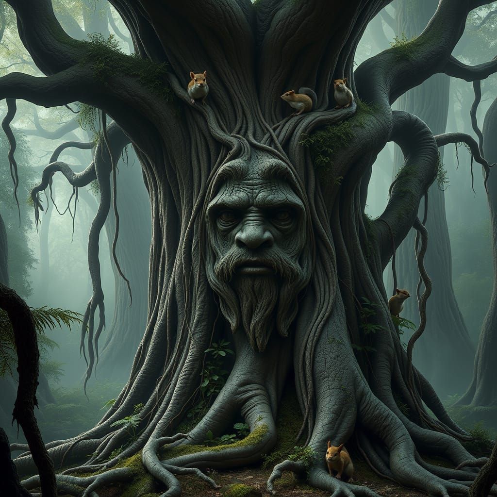 Mystical Treant in Ancient Forest: Hyperrealistic Rendering