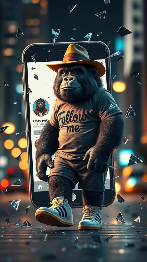 Gorilla Emerges From Smartphone in Photorealistic Style