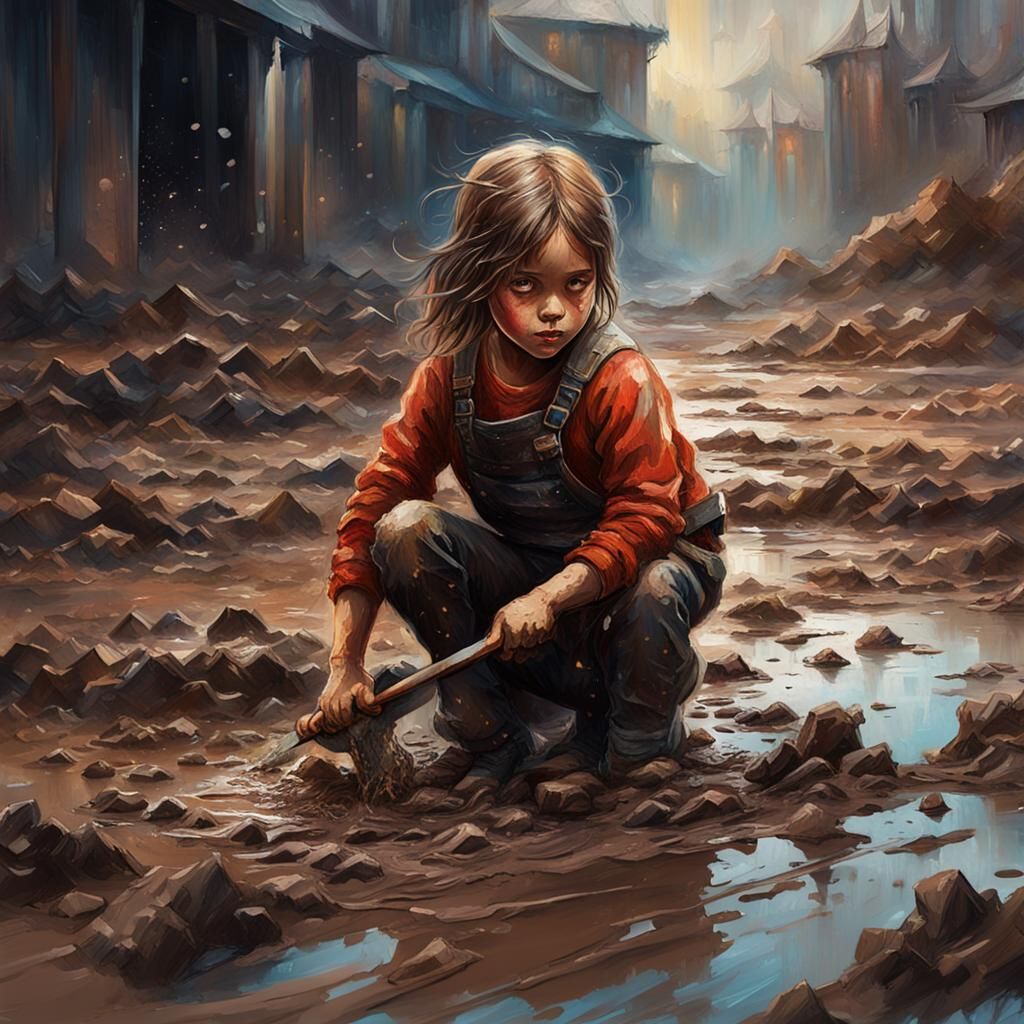 Girl Playing in Mud: Impasto Painting with Deep Color