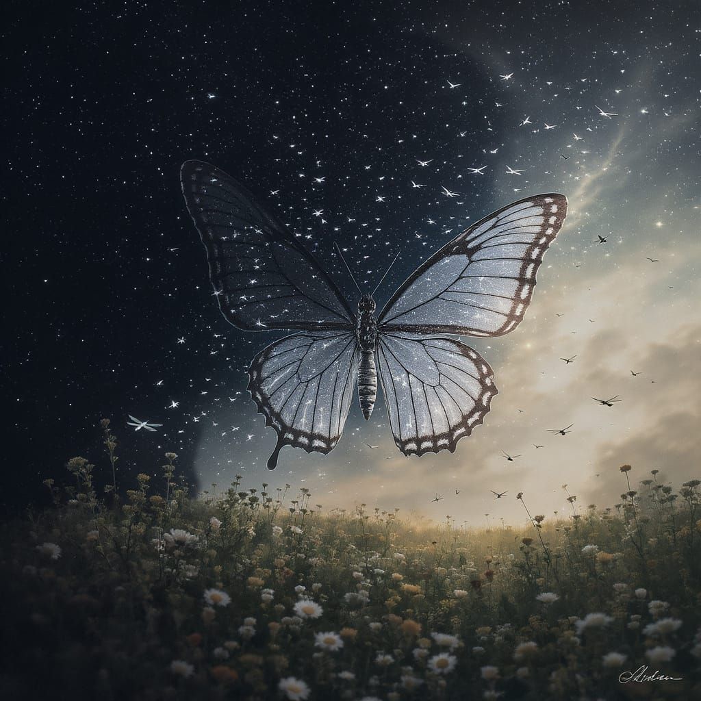 Butterfly Silhouette Double Exposure with Flower Meadow