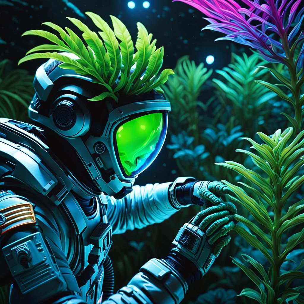 Botanist Astronaut and Alien Plant in Bioluminescent World