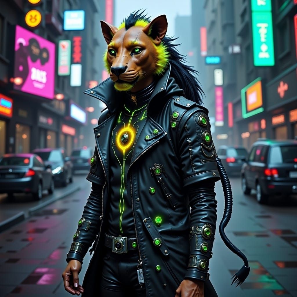 Cyberpunk Lioness with Cyberdeck in Dystopian City