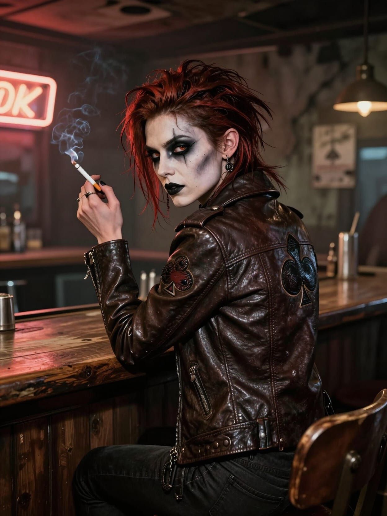 Goth Punk Character Sits at Post-Apocalyptic Bar