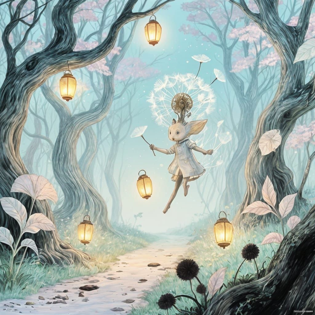 Dandelion Spirit in Enchanted Forest: Whimsical Illustration