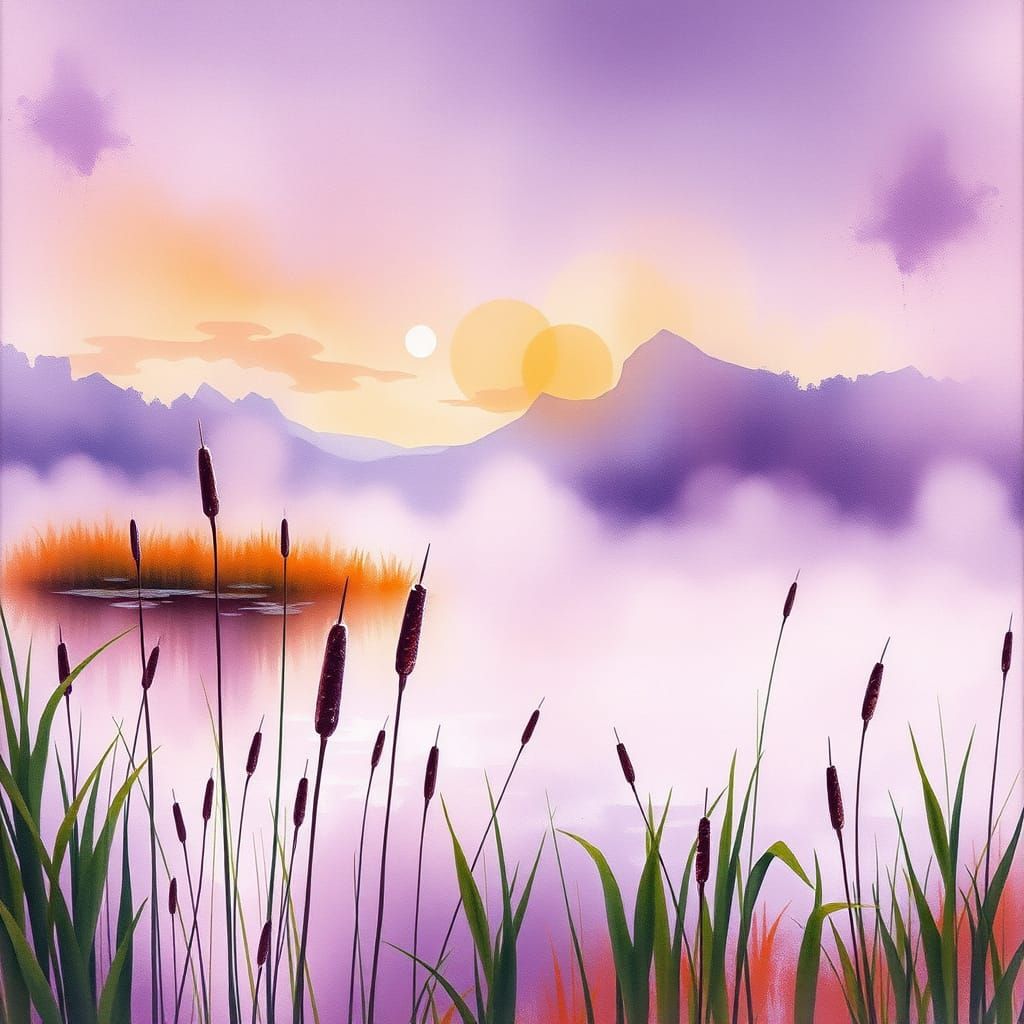 Misty Pond in Purple and Amber Watercolor