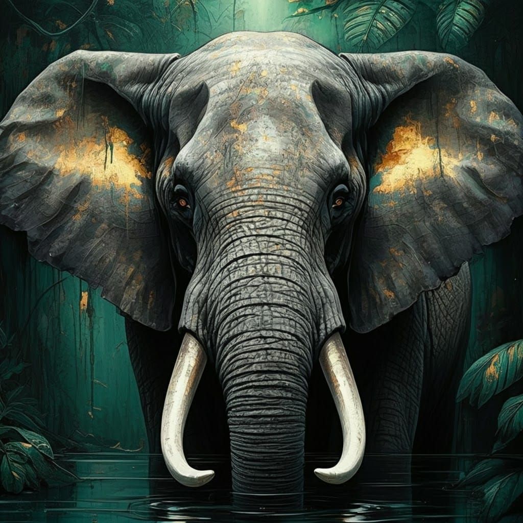 Elephant face only, painting, a pitch black dark green jungl...