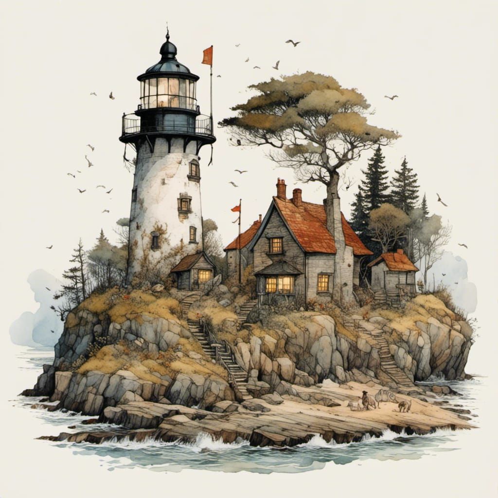Island Lighthouse with Cottages in Storybook Illustration St...