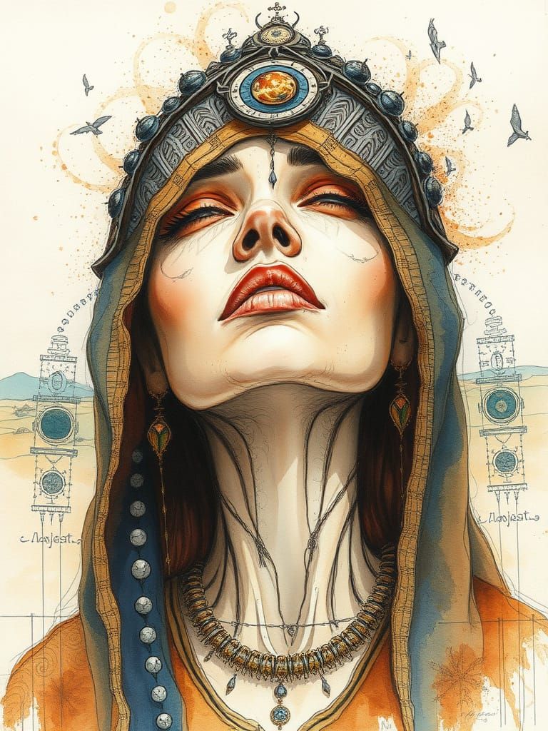 Enigmatic Oracle in Fantasy Desert Nightscape Watercolor Ske...