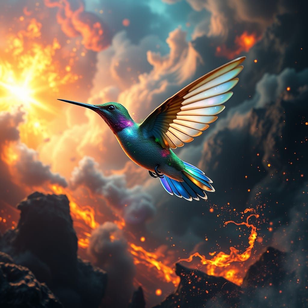 Primordial Chaos: Celestial Hummingbird in Epic Elemental Co...