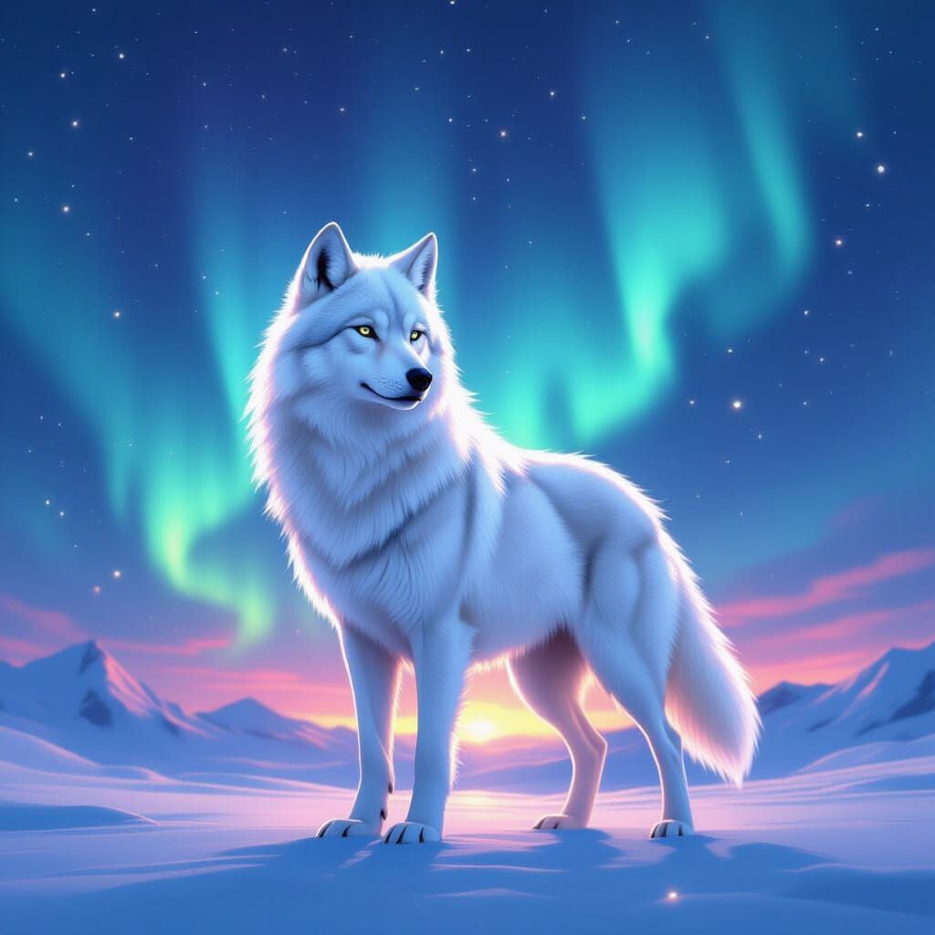 White Wolf With Nebula Fur Under Northern Lights