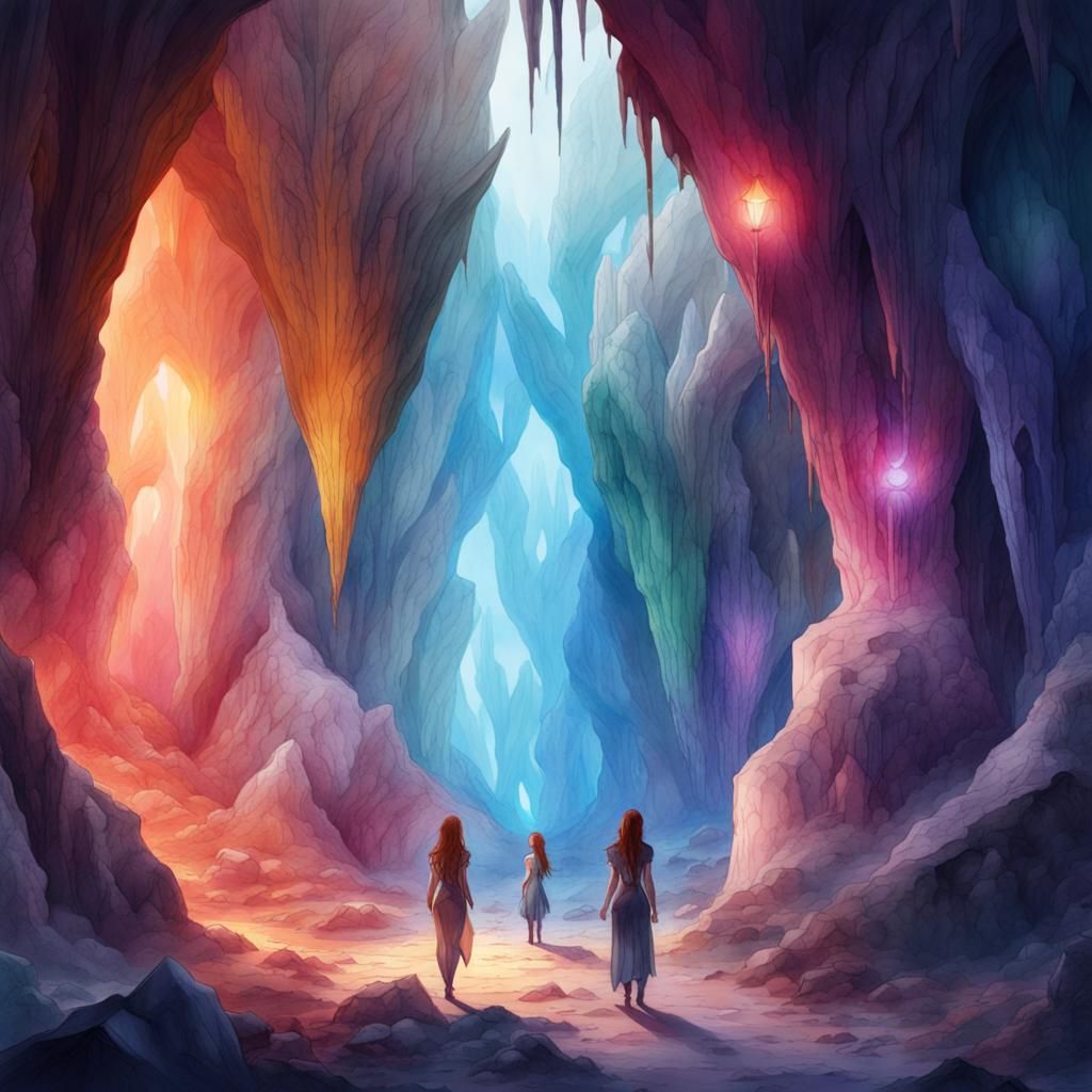 Watercolor Crystal Caves with Women: Fantasy Art