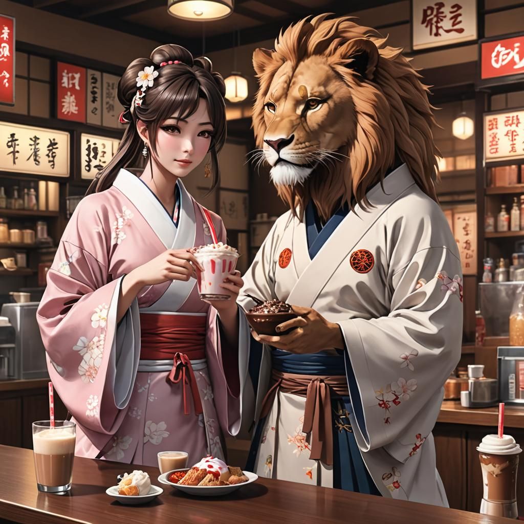 A male humanoid Lion and a beautiful young female wearing a kimono , sharing a chocolate milk shake in a japanese malt s...