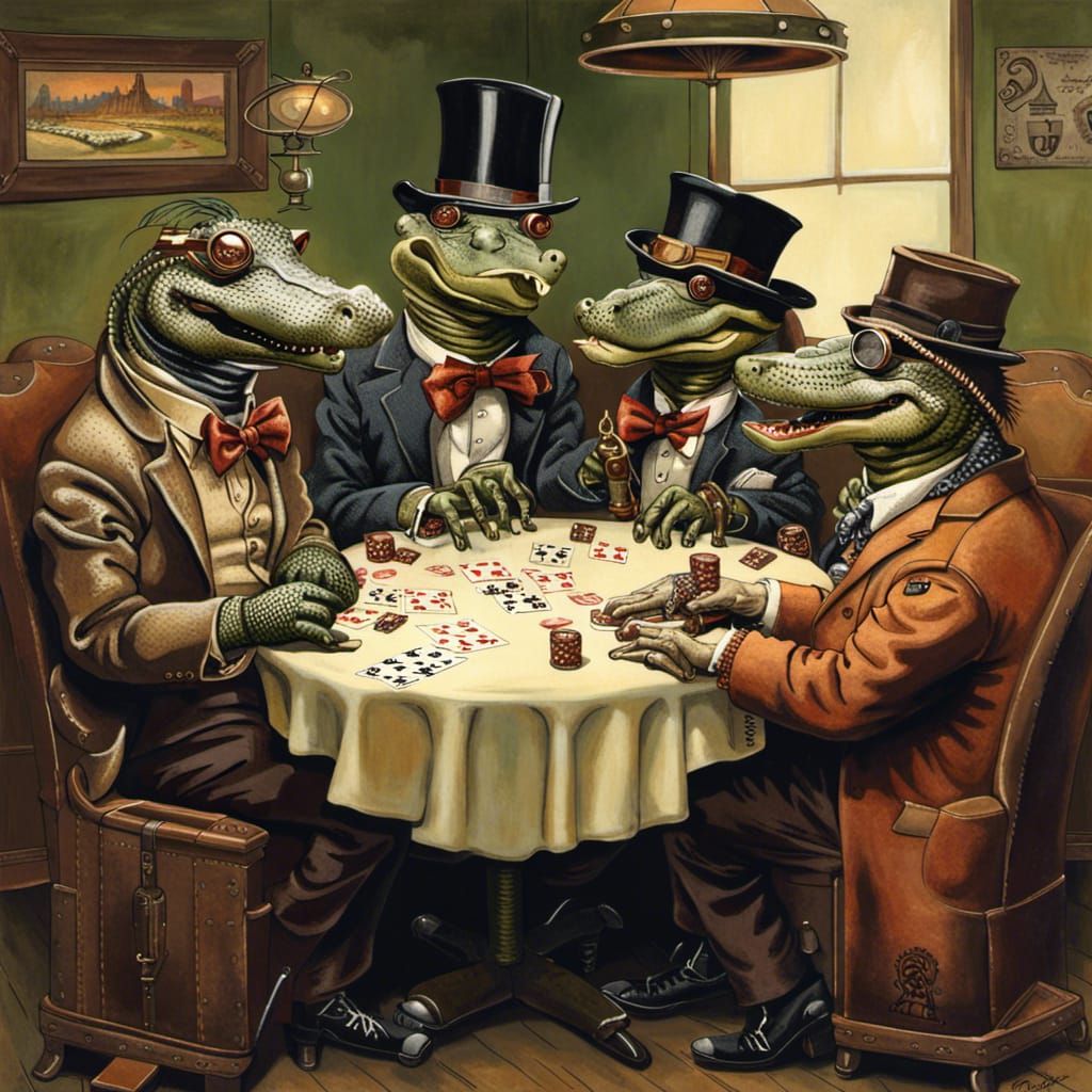 Steampunk Alligators Play Poker in Rockwell Style