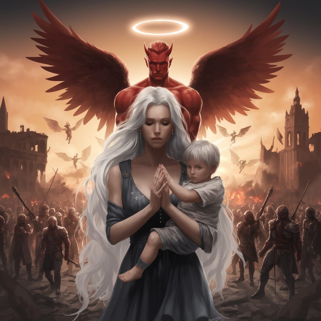 Angel Mother's Desperate Prayer in a War-Torn Cityscape