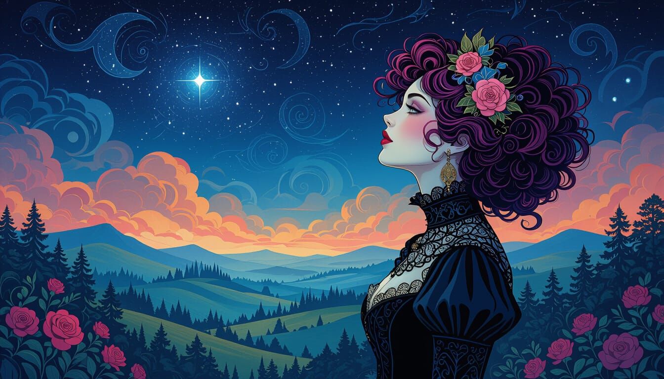 Gothic Woman Gazing at Starry Sky in Classic Gothic Art