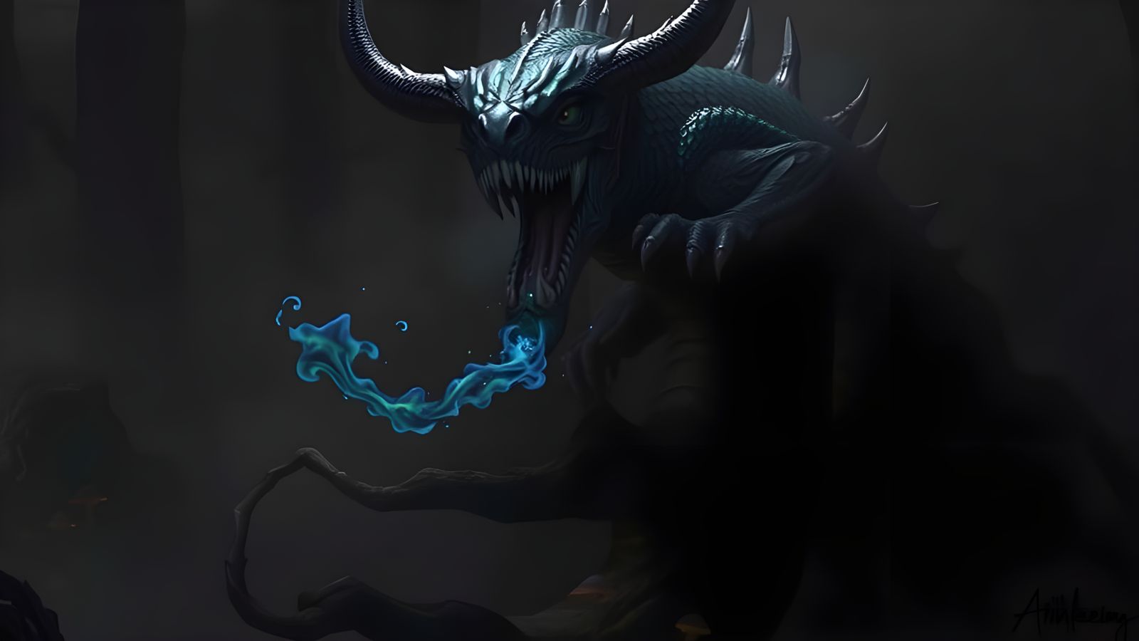 Ancient Dragon Unleashes Vibrant Blue Fire in Mystical Fores...