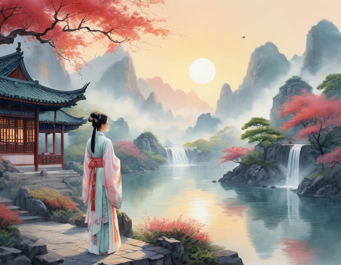 Woman Beside Ancient Home in Dreamy Chinese Painting