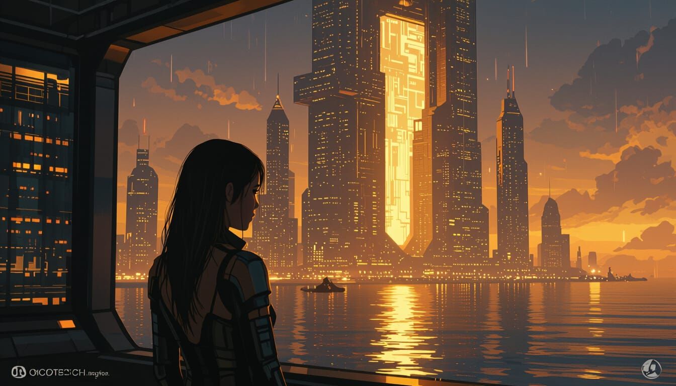 Cyberpunk City at Night: Golden Glow Under Ocean View