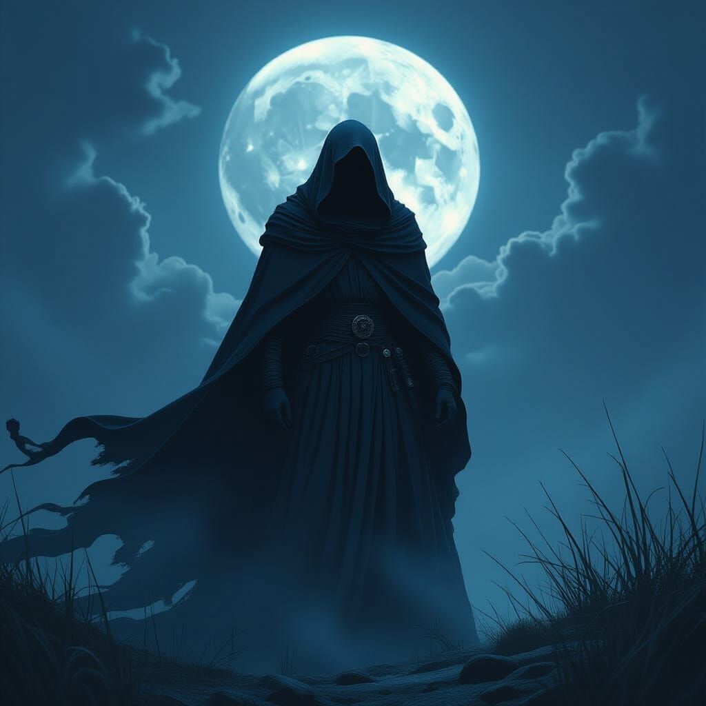 Mystical Figure in Shadows Under Moonlit Sky