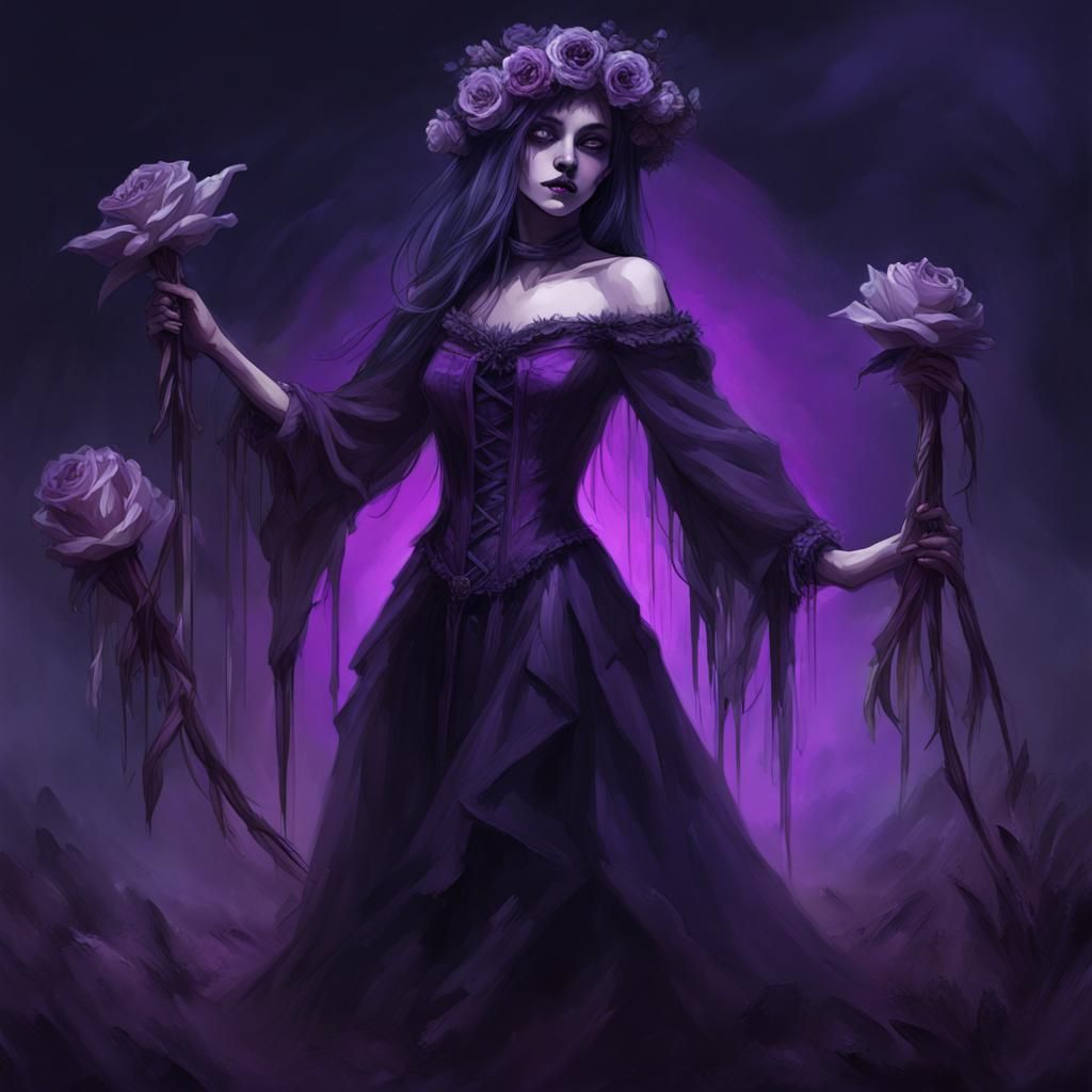 Celebrate the dancing dead, darkcore rotten flowers, in the style of Dark Fantasy, moonlight, Elegantly haunting witchco...